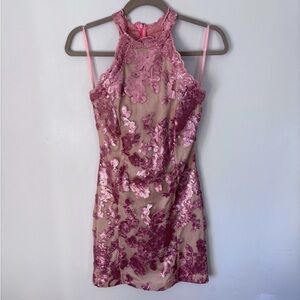 Va Va Voom Women’s Pink Sequin Above Knee Mini Dress High collar Zip back Size M